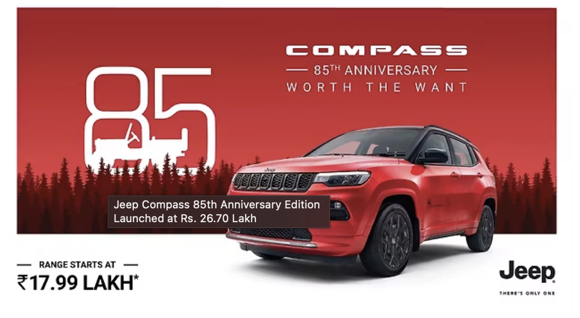 Jeep Compass 85th Anniversary Edition Debuts at ₹26.70 Lakh